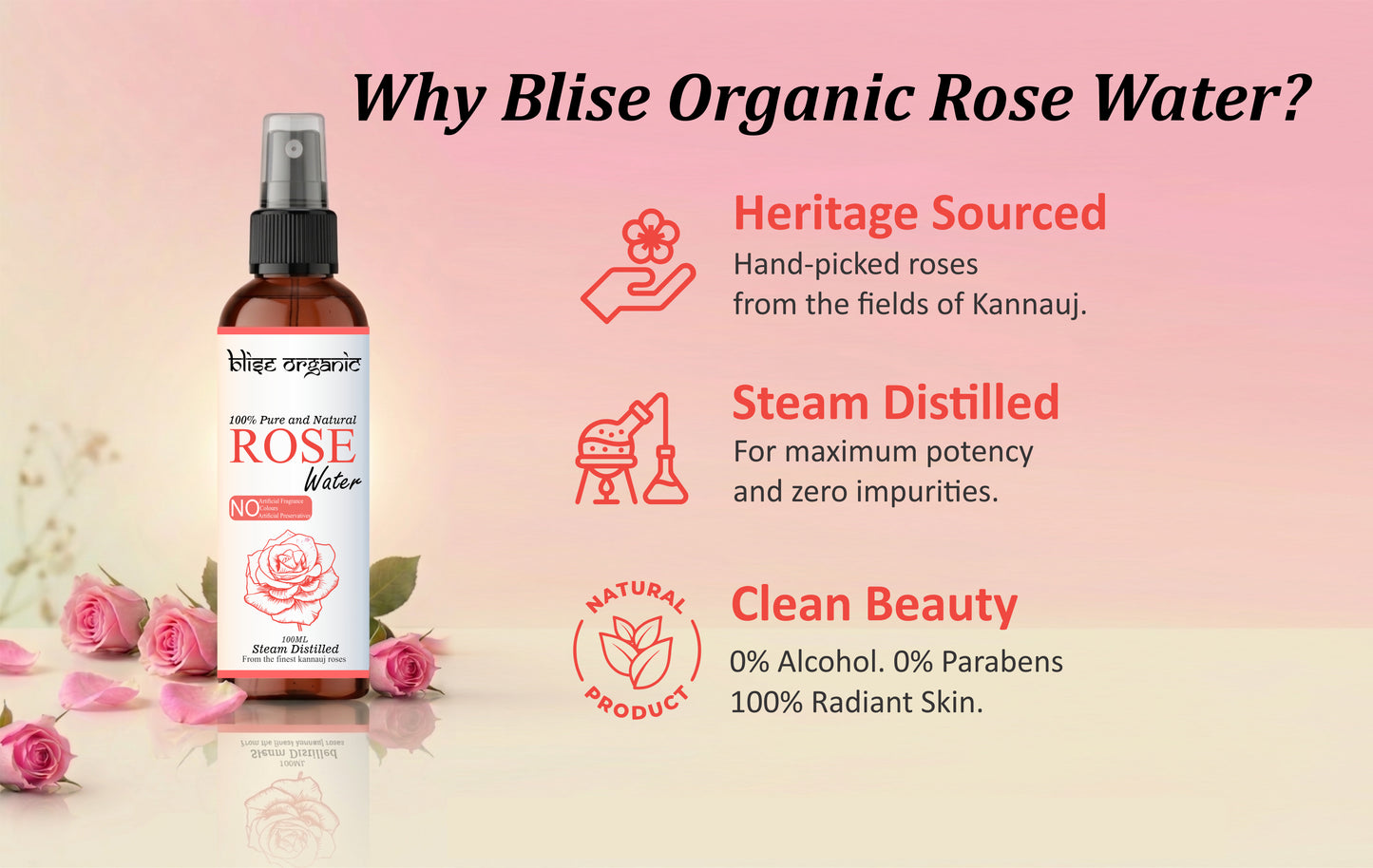 Blise Organic 100% Pure & Natural Rose Water Spray – Premium Facial Toner & Hydration Mist | 100 mL