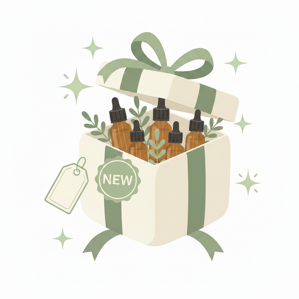 A minimalist vector illustration of a gift box wrapped in a sage green ribbon with a bow, accented by small star sparkles on a solid white background.