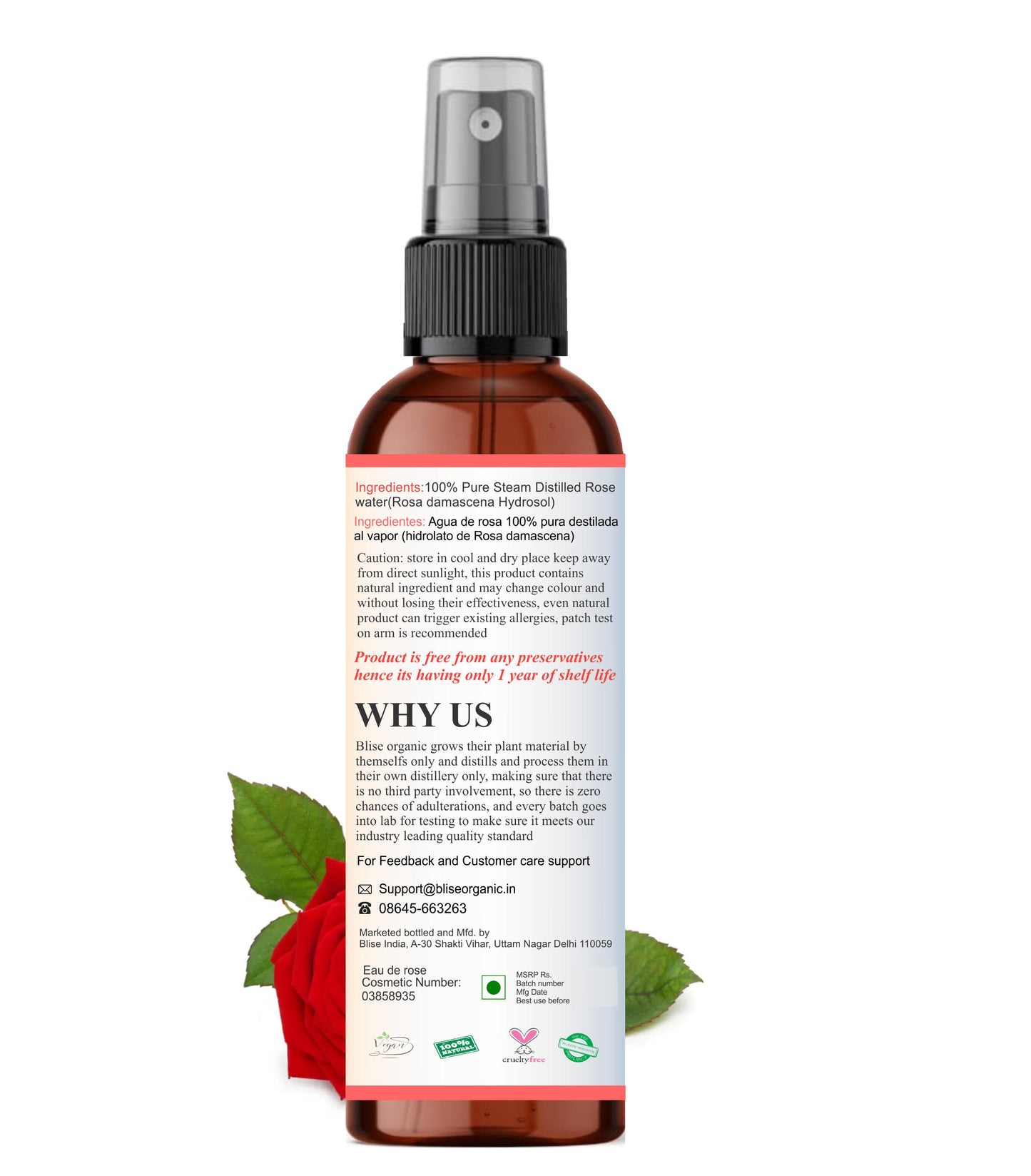 Blise Organic 100% Pure & Natural Rose Water Spray – Premium Facial Toner & Hydration Mist | 100 mL