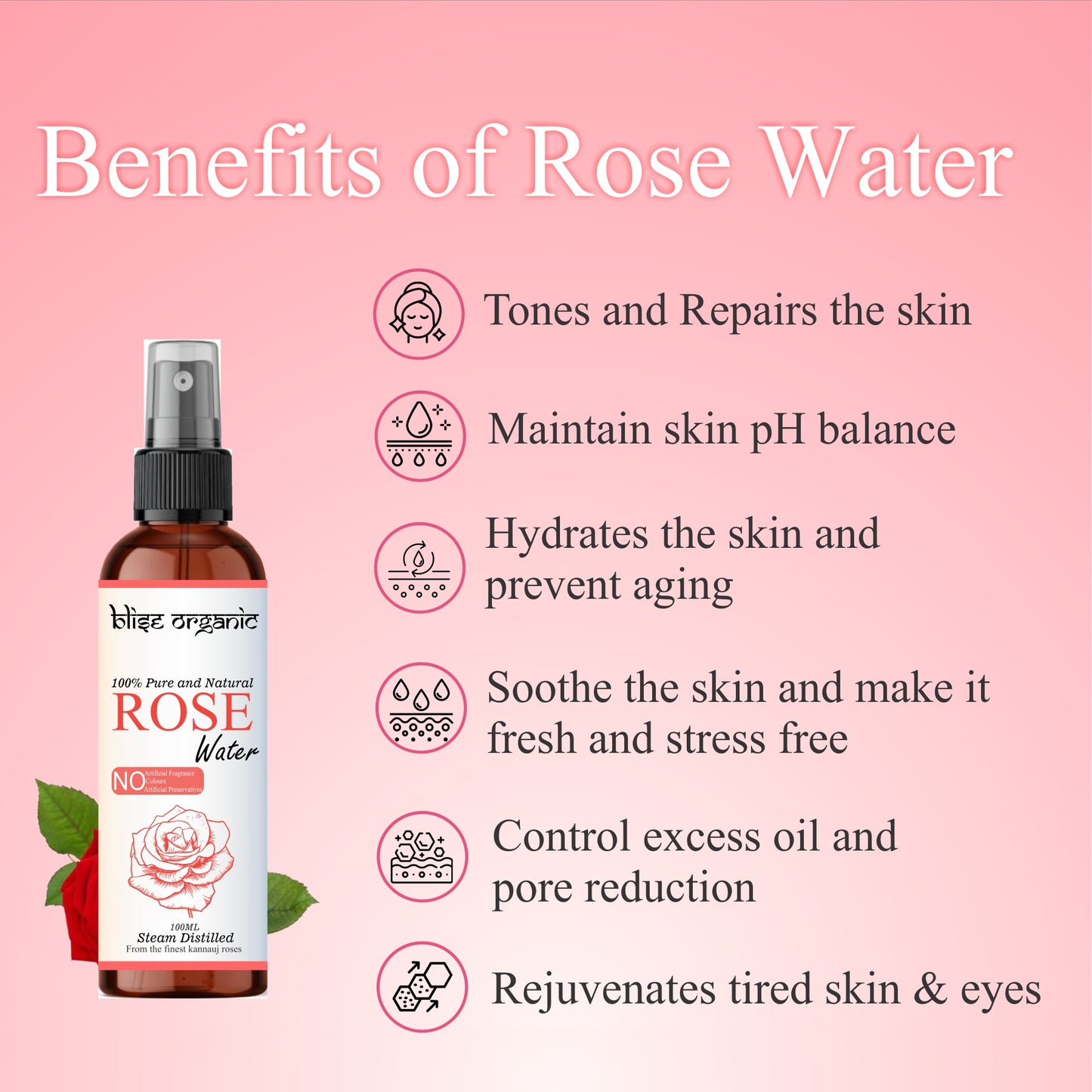 Blise Organic 100% Pure & Natural Rose Water Spray – Premium Facial Toner & Hydration Mist | 100 mL
