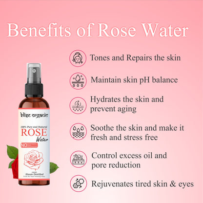 Blise Organic 100% Pure & Natural Rose Water Spray – Premium Facial Toner & Hydration Mist | 100 mL