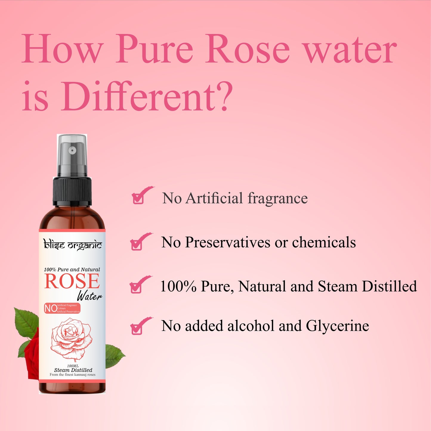 Blise Organic 100% Pure & Natural Rose Water Spray – Premium Facial Toner & Hydration Mist | 100 mL